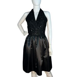 Vtg 80s Morton Myles Size 4 Black Halter Dress Fit & Flare Sequined Whimsigoth